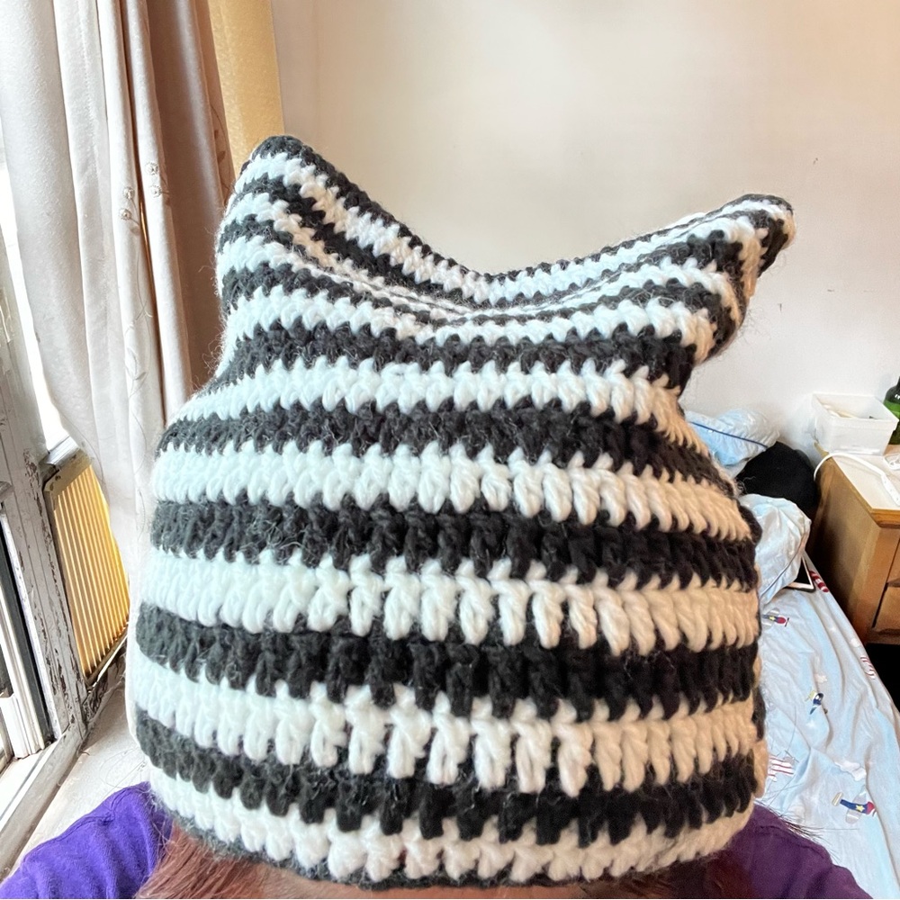 Striped Black and White Cat Beanie